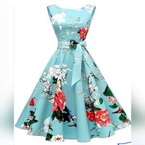 Hanpceirs Women's Boatneck Sleeveless Vintage 1950s Cocktail MintFlowers Size M.